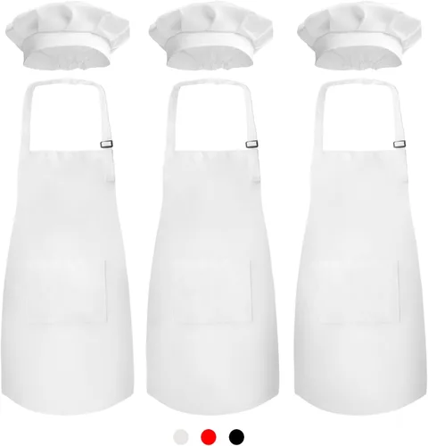 Vista 9 de Novelty Place Juego de 3 delantales para niños con gorro de chef (3 juegos) – Babero infantil agradable a la piel con bolsillo – Cocina, hornear