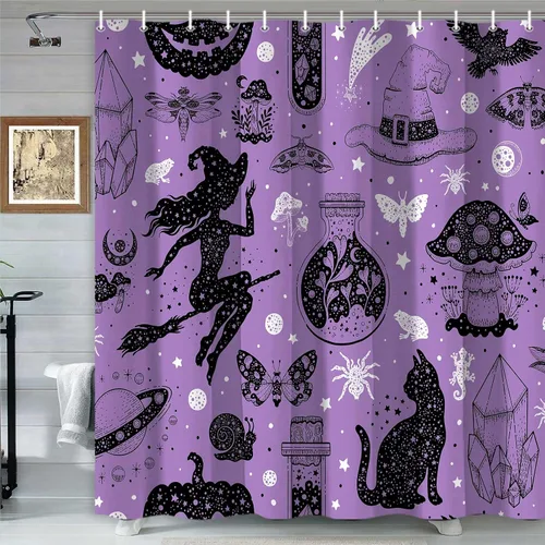 Vista 6 de Divertida cortina de ducha de esqueleto de calavera de Halloween, calabaza, murciélago, araña, decoración de baño, juego de cortinas de tela negra