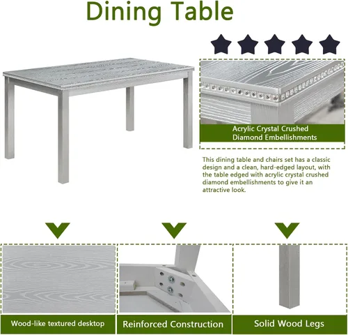 Vista 4 de LUMISOL - Juego de mesa de comedor de madera maciza con 4 sillas tapizadas y banco para cocina, comedor, sala de estar, gris plateado
