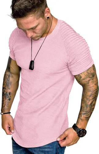Vista 11 de COOFANDY Camiseta Muscular para Hombre de Manga Raglán Plisada Camiseta de Culturismo para Gimnasio Manga Corta Camisas de Entrenamiento de Moda