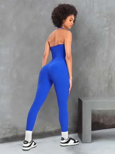 Vista 5 de VUTRU Mono largo sexy de una pieza con cuello redondo para mujer, sin mangas, espalda descubierta, ajustado, largo, acanalado, mono