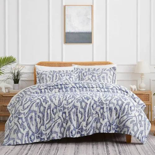 Vista 28 de Southshore Fine Living, Inc. Juego de edredón costero individual XL, edredón de plumón alternativo a rayas azules, tamaño individual XL con funda