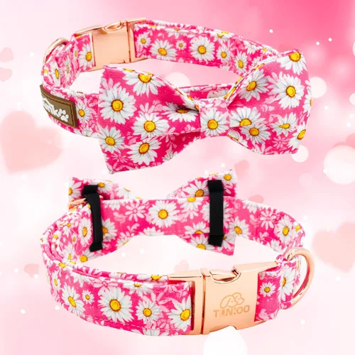 Vista 2 de Tunkoo Pink Daisy - Collar para perro con corbata de lazo de flores, collar ajustable de algodón de alta calidad, hebilla de metal duradera