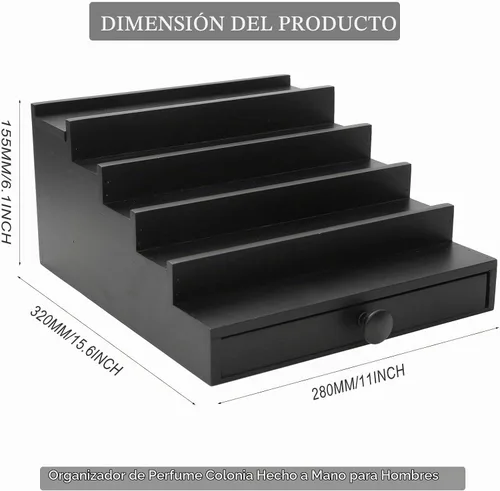 Vista 5 de 5 Tier Men's Cologne Organizer, Black Wood Display Stand Holder with Drawer Negro-5 niveles