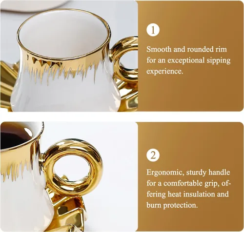 Vista 2 de Juego de 6 tazas de café turco de cerámica de 3.5 onzas, tazas y platillos de porcelana para capuchino italiano británico con ribete dorado