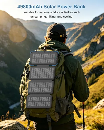 Vista 4 de Cargador portátil solar para Android 20000mAh perfecto para el aire libre y acampar Negro