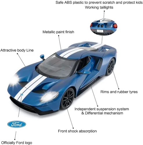 Vista 5 de RASTAR Auto RC 1/14 Ford GT Control remoto RC Race Toy Car para niños, puertas abiertas por manual, azul (2.4 GHz)