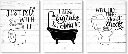 Vista 2 de Arte Gracioso de Baño en Lona para Pared en Blanco y Negro Juego de Inodoro y Tina Cartel Impreso en 3 Piezas Pintura de Citas de Baño Estilo Retro