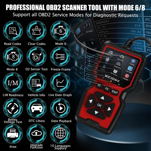 Vista 2 de WEJOWE Herramienta de diagnóstico del escáner OBD2 mejorada, lector de código de motor OBD2 escáner con reinicio, prueba de batería, modo de luz