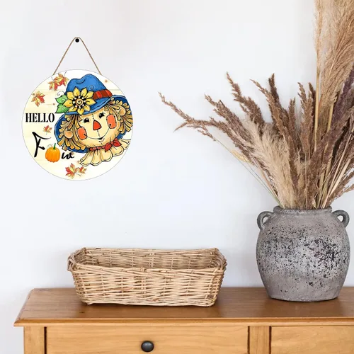 Vista 4 de Letrero de espantapájaros con texto en inglés "Hello Fall Scarecrow para decoración de puerta delantera, cosecha de otoño, hoja de arce para colgar