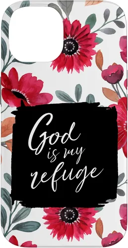 Vista 4 de God is My Refuge - Carcasa para iPhone 16, diseño de flores rojas con versículo bíblico del Salmo 91