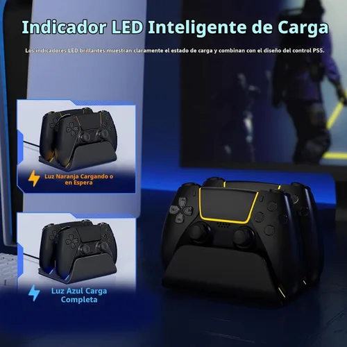 Vista 5 de Estación de carga para controlador PS5 con indicador LED, base de carga autoalineable, base de carga rápida de doble controlador, soporte de Negro
