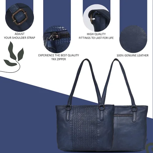 Vista 5 de Bolso de hombro de cuero genuino para mujer, con asa superior, para viaje, bolso vintage de diseñador para mujer, Azul desteñido, Vintage