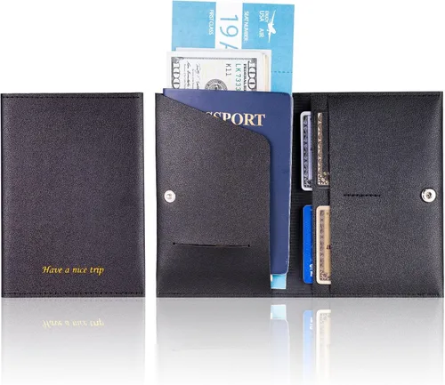 Vista 5 de Funda para pasaporte para pasaporte de viaje para mujer, cartera de viaje esencial para hombres y familia. Marrón y negro