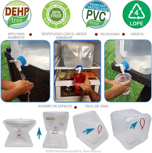 Vista 7 de WaterStorageCube Contenedor de agua plegable sin BPA con grifo, recipiente para llevar agua de grado alimenticio para camping al aire libre