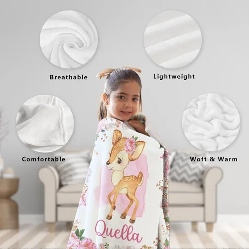 Vista 4 de Manta de bebé personalizada con ciervos florales, manta personalizada de ciervos con nombre para bebé, manta de recepción personalizada de ciervos
