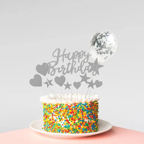 Vista 6 de Decoraciones de cumpleaños plateadas: pancarta de feliz cumpleaños de aluminio, mantel, cortinas de flecos, bandera de pastel, globos de estrella