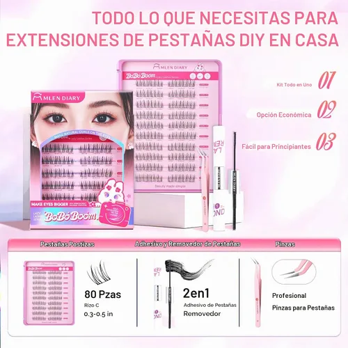 Vista 2 de MLEN DIARY Kit de 80 racimos de pestañas naturales, rizo C, kit de extensiones de pestañas con pinzas removedoras de pestañas de 0.335-0.492 in