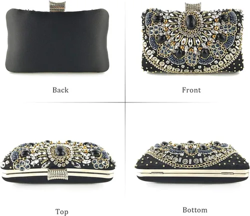 Vista 2 de Lanpet Bolso de noche con diamantes de imitación de cristal para mujer, bolso de hombro con correa de cadena, Negro 2
