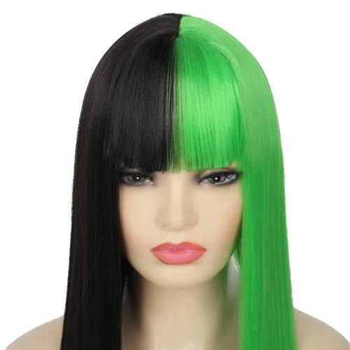 Vista 6 de Dai Cloud Peluca mitad verde medio negro con flequillo largo recto Halloween Cosplay Pelucas para mujeres sintético resistente al calor