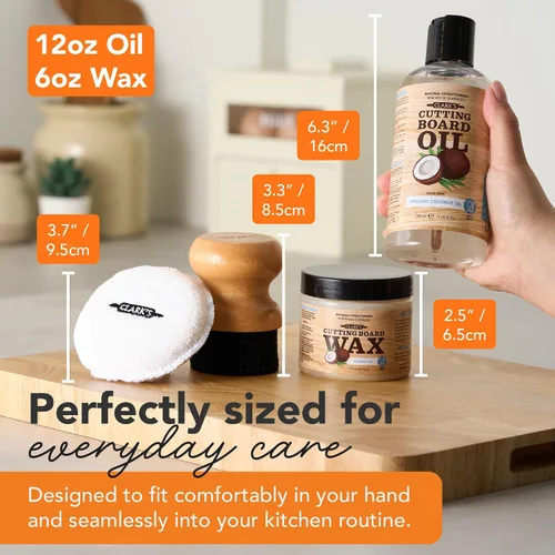 Vista 6 de CLARK'S Kit de acabado de aceite y cera para tabla de cortar de coco, fabricado con aceite de coco refinado, incluye aceite (12 onzas), cera