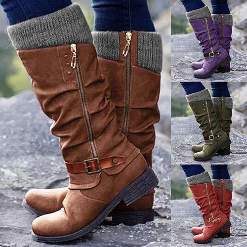 Vista 3 de AODONG Botas para mujer, cálidas botas de invierno con tacón puntiagudo, botas de cuña de moda, botas de vaquero a media pantorrilla, botas gruesas
