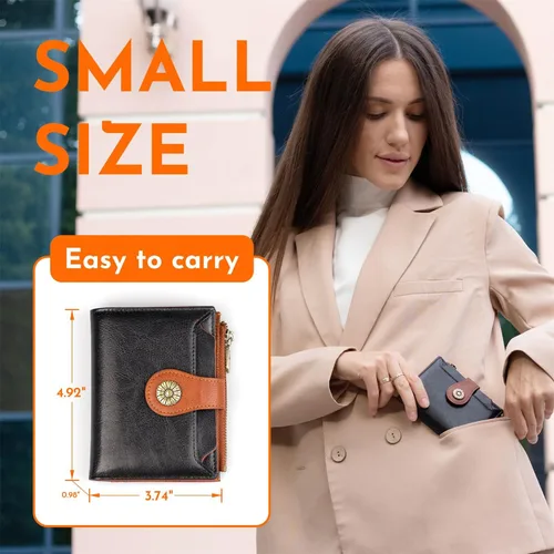 Vista 3 de Cartera pequeña para mujer, con bloqueo RFID, de piel suave, plegable, compacta, tarjetero para mujer, con bolsillo con cremallera, color negro