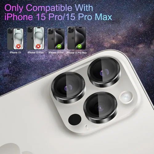 Vista 7 de Protector de lente de cámara para iPhone 15 Pro/15 Pro Max, protector de lente de anillo de cámara de vidrio templado individual con bandeja