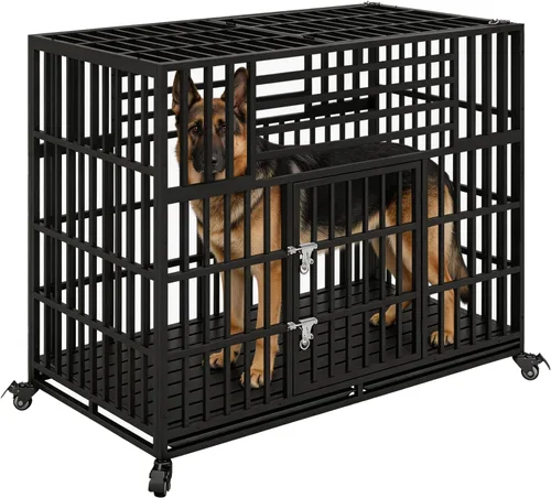 Vista 11 de Jaula para perros indestructible de 44 pulgadas con ruedas, jaula de acero a prueba de escapes para interiores, doble puerta, alta ansiedad