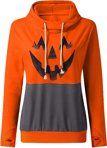 Vista 5 de HPJKLYTR Sudaderas con capucha de Halloween para mujer, diseño de calabaza en 3D, manga larga, bloque de color, cordón de ajuste, ajuste holgado