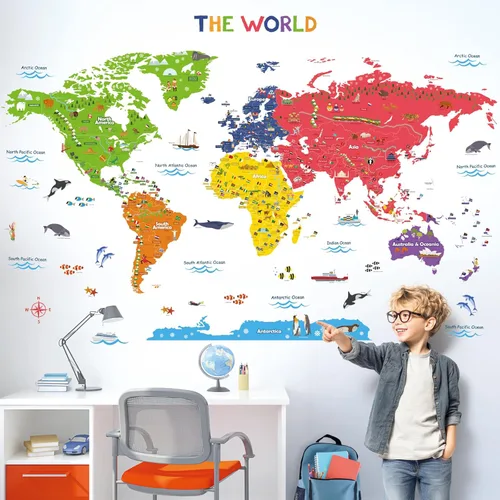 Vista 5 de Decowall - Calcomanías coloridas con mapa del mundo, removibles, se pelan y pegan, ideal para recámaras de niños, salas