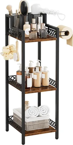 Vista 11 de Organizadores de almacenamiento de baño con cajón, unidad rodante de pie de metal de 3 niveles con soporte para papel higiénico, estante
