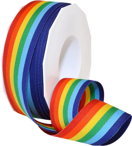 Vista 5 de Morex Ribbon Cinta decorativa a rayas de grogrén de poliéster, arco iris, 5/8 pulgadas