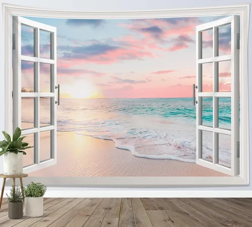 Vista 11 de HVEST Tapiz de playa para colgar en la pared, paisaje tropical azul océano, tapiz natural para dormitorio, palmera verde con cielo azul, nube