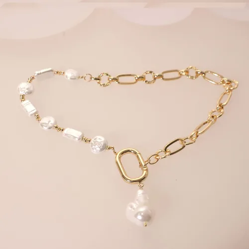 Vista 3 de Collar de perlas y cadena, cadena mixta y gargantilla de perlas de moda, collar de capas con colgante de corazón orgánico de peras