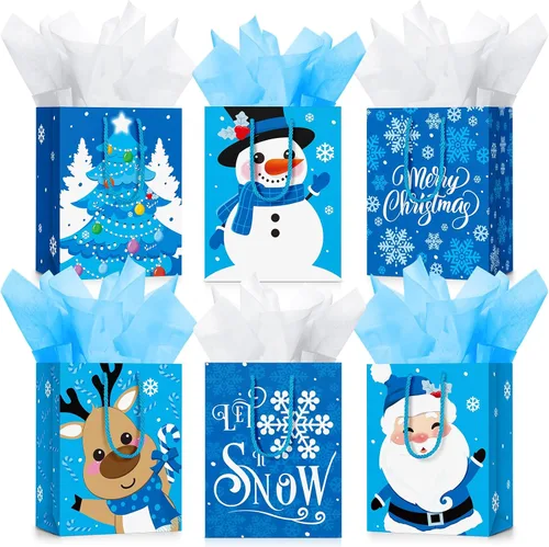 Vista 8 de Cholemy 16 piezas de bolsas de regalo de Navidad medianas gruesas con papel de seda, bolsas de papel kraft de Navidad con asas para envolver regalos