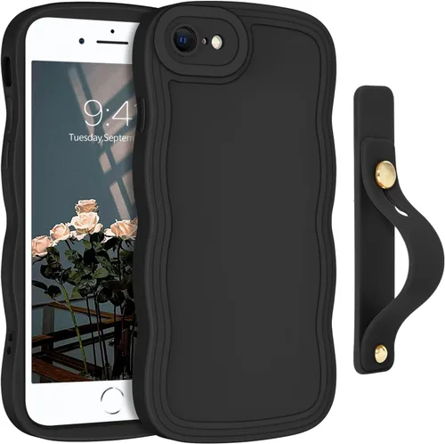 Vista 45 de GUAGUA Funda para iPhone SE 2022/2020, Funda para Teléfono iPhone 7/8 Diseño Lindo de Forma de Onda Rizada TPU Suave con Correa de Muñeca Soporte