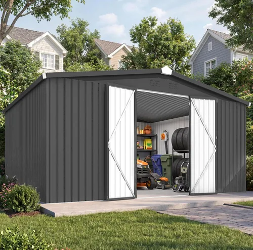 Vista 8 de AECOJOY Cobertizo de almacenamiento de metal para exteriores de 3 x 5 pies, cobertizo de herramientas de jardín resistente con puerta de gran