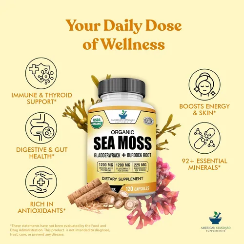 Vista 5 de American Standard Supplements Cápsulas orgánicas de musgo marino, vejiga y raíz de bardana, 1200 mg de Seamoss, 1200 mg de vejiga de vejiga, 225 mg