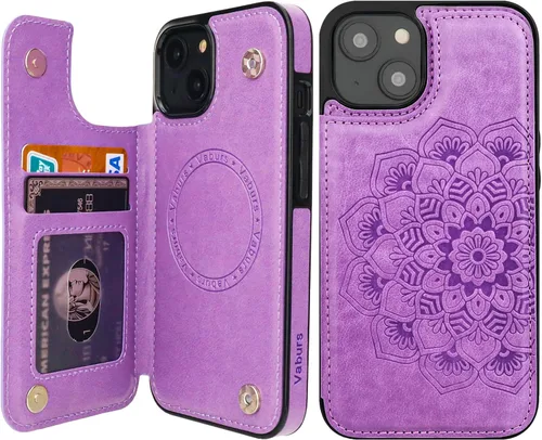 Vista 11 de Vaburs Funda compatible con iPhone 13 con tarjetero y diseño de mandala en relieve, de piel sintética, doble botones, a prueba de golpes, para Azul