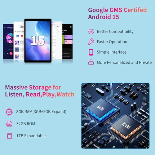 Vista 2 de Tablet Android 15 de 10 pulgadas, 8 GB de RAM, 32 GB de almacenamiento, pantalla IPS HD de 1280 x 800, certificado GMS, batería de 6000 mAh, tipo C