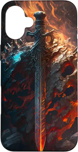 Vista 23 de Espada flameante y escudo el símbolo del guerrero Funda para iPhone 16