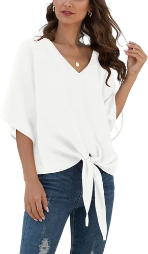 Vista 60 de VIISHOW Womens Tie Front Chiffon Blouses V Neck Batwing Short Sleeve Summer Tops Shirts Albaricoque