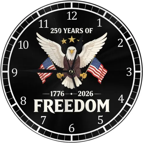 Vista 15 de Reloj de pared redondo de 250 años de aniversario, silencioso, sin tictac, funciona con pilas, retro con bandera de Estados Unidos, relojes
