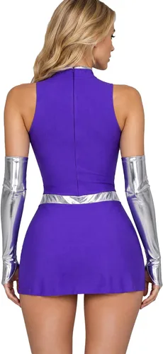 Vista 2 de Disfraces de héroe púrpura para mujer, trajes de vestir y guantes Vestido