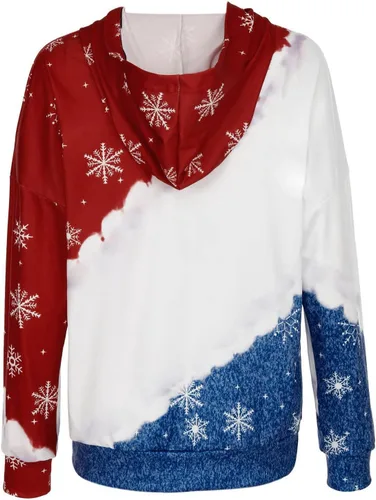 Vista 4 de MRGIINRI Sudadera con capucha de Navidad 2022 para mujer, manga larga, estampado de Navidad, bloque de color, sudaderas con capucha con bolsillo
