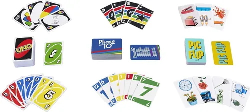 Vista 3 de Mattel Games UNO, Phase 10 and Pic Flip Bundle, 3 juegos de cartas Mattel en lata de almacenamiento decorativa, para niños, familia y adultos, 7