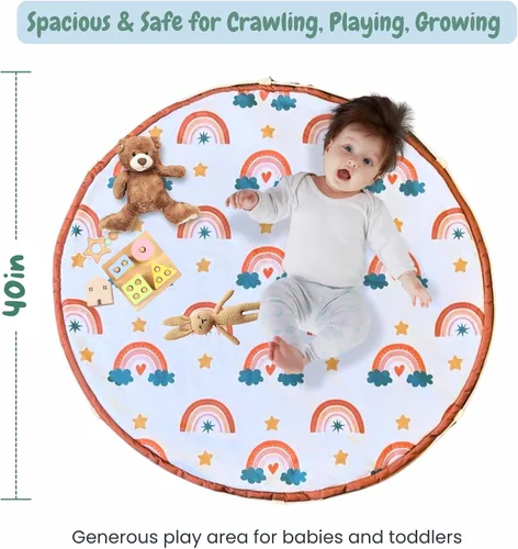 Vista 6 de Alfombra de juego para bebés y bolsa de almacenamiento de juguetes – Alfombra plegable 2 en 1 y organizador para bebés y niños pequeños – Suave,