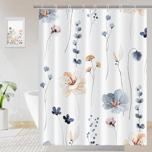Vista 8 de Juego de cortinas de ducha – Cortina de baño floral con flores azules y beige, cortina de ducha para baño, juego de cortina de ducha de tela