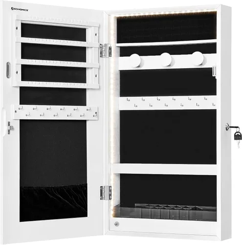 Vista 10 de SONGMICS Armario de joyería con espejo con luces LED integradas, organizador de almacenamiento de joyas montado en la pared o en la puerta, 3.8 x